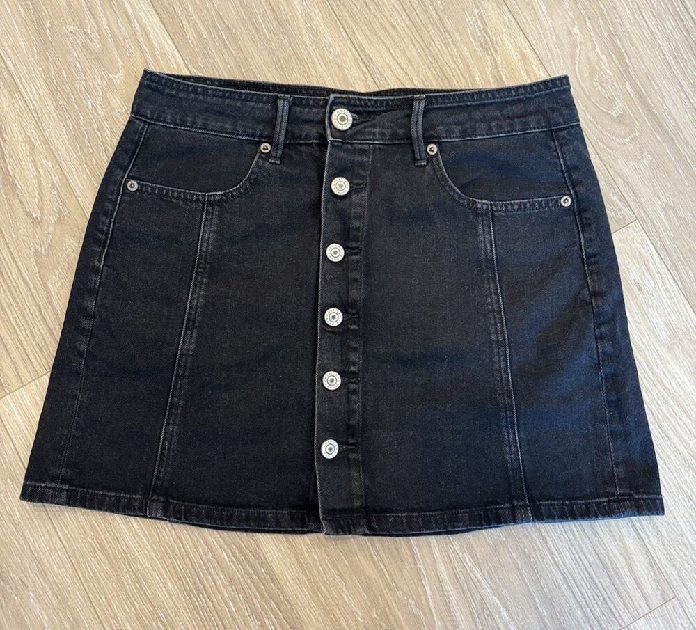 American Eagle Skirt Black Denim Hi Rise A-Line Button Front Women’s Size 6